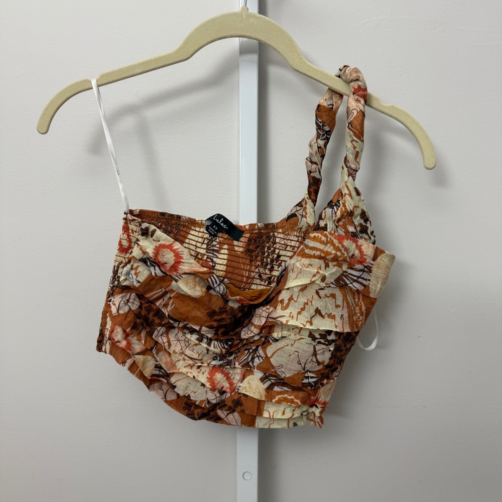 LULUS Something Wild Brown Multi Print Pleated One-Shoulder Crop Top SIZE XS - Picture 3 of 7